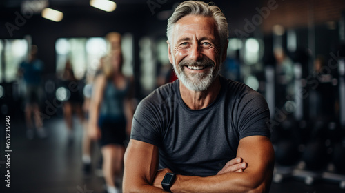 Elderly man joining a group fitness class at the gym photo