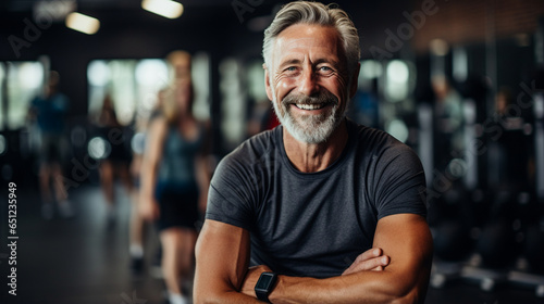 Elderly man joining a group fitness class at the gym