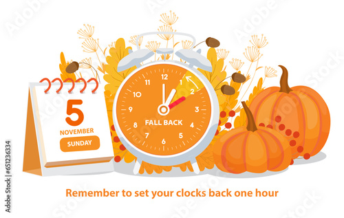 Daylight Saving Time Ends. Fall Back, change clock back one hour at sunday, 5 november 2023.Web reminder banner. Alarm Clock turn back with Pumpkins and fall ornaments. Vector illustration