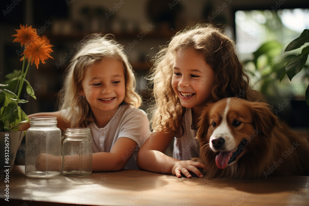 joyful family moment with children and their pets playing together indoors, illustrating the bond and fun shared between pets and their human companions within the home joyful family moment with children and their pets playing together indoors, illustrating the bond and fun shared between pets and their human companions within the home