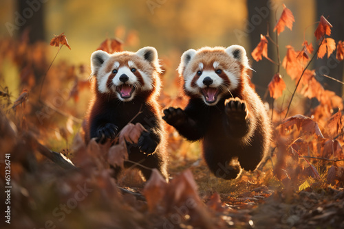 photo capturing a pair of redheaded pandas frolicking and playing in their natural habitat, showcasing their adorable and spirited nature