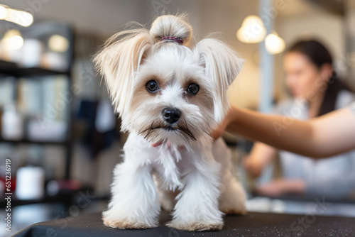 skilled dog groomer meticulously attending to a furry client, demonstrating their expertise in breed-specific grooming techniques and emphasizing the bond between groomer and dog