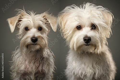 dramatic before-and-after transformation of a dog's appearance after a grooming session, highlighting the grooming salon's ability to enhance a dog's beauty and comfort