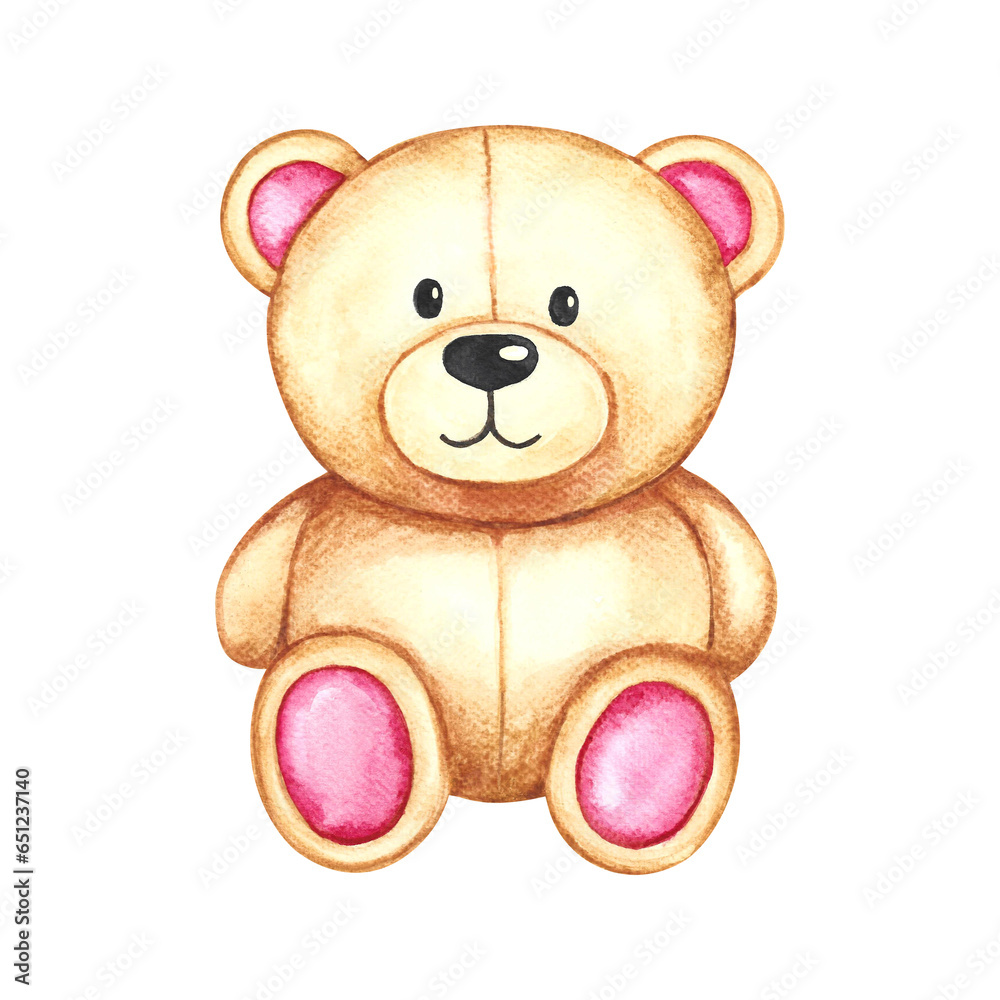 Obraz premium Cute teddy bear with cartoon design. Handmade watercolor illustration. Isolate. For greeting cards, stickers and decorations, compositions and labels, packaging and prints.