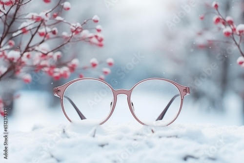 A pair of glasses sitting on top of snow covered ground. Photorealistic AI.