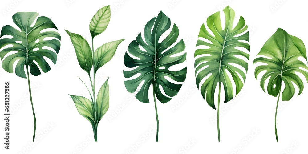 Hand drawn watercolor tropical plants set, monstera on an isolated white background, watercolor illustration - obrazy, fototapety, plakaty 