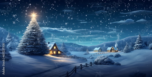 Scenic Christmas: Snowy Landscape, Christmas Tree, and a Village on the Horizon