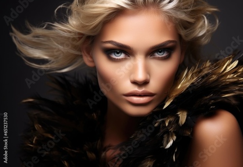 Beauty portrait of a supermodel with bright smokey eye makeup. Beautiful eyes. Feather accessories.