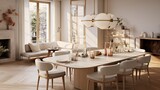 A sawed marble rough honed dining table, adorned with delicate porcelain dinnerware, set in a modern living room with Scandinavian design, softly lit by a chandelier hanging from the ceiling,