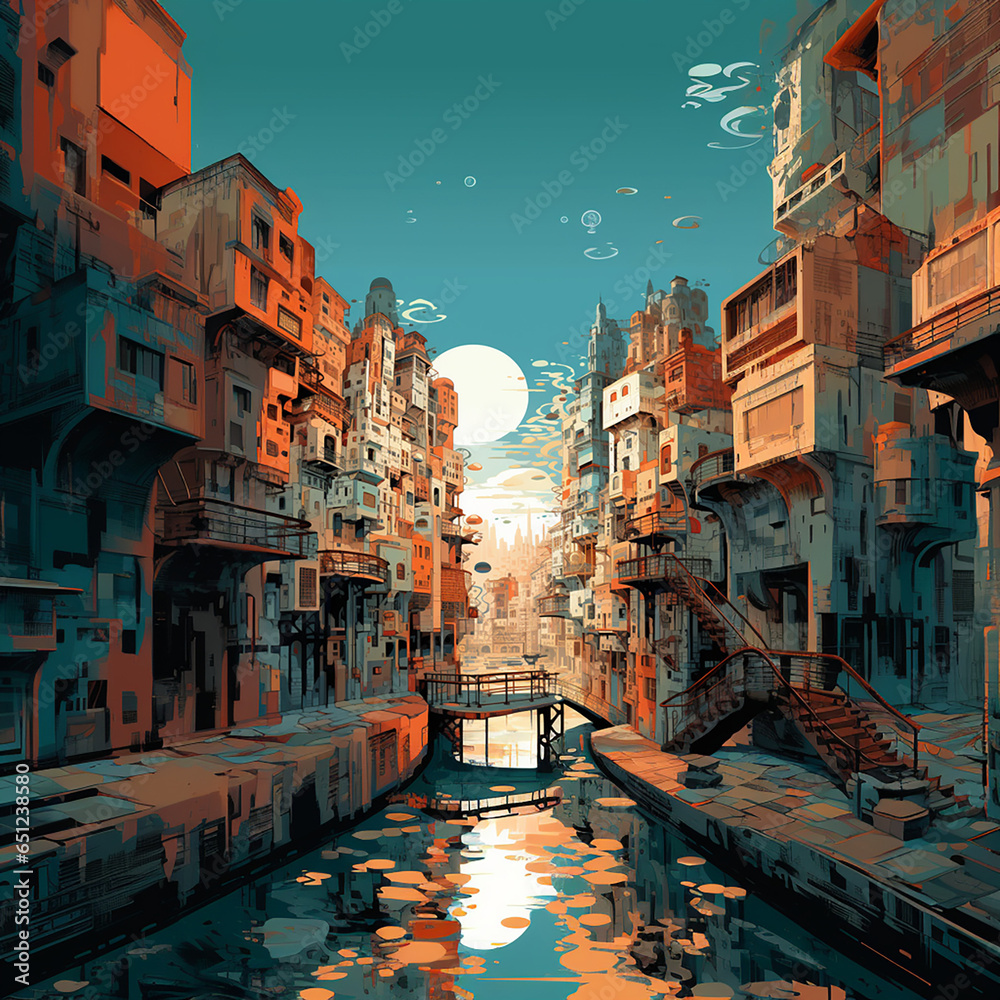 Dessin d'une ville imaginée au couché du soleil, très colorée et avec canal en son centre dans une ambiance bande dessinée avec beaucoup de détail 