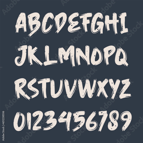 Hand drawn grunge chalky font, letters and numbers set. ABC, alphabet. Clipart, isolated letters on dark background. Vector illustration.