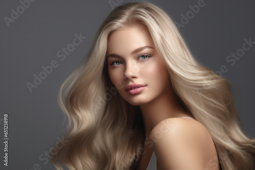 Radiance redefined: A gleeful girl, her flowing blonde tresses shining, encapsulating salon spa care, shampoo treatments, all against a pastel gray backdrop..