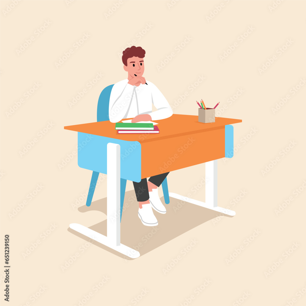 vector illustration of a schoolboy sitting at a desk