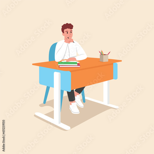 vector illustration of a schoolboy sitting at a desk