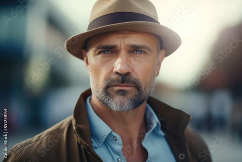 In the city's heartbeat: A dashing middle-aged gentleman stands, his stylish hat complementing his distinguished appearance, framed by urban streetscapes.