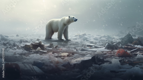A polar bear stands amidst a sea of ice filled with plastic bottles that is polluting the environment.