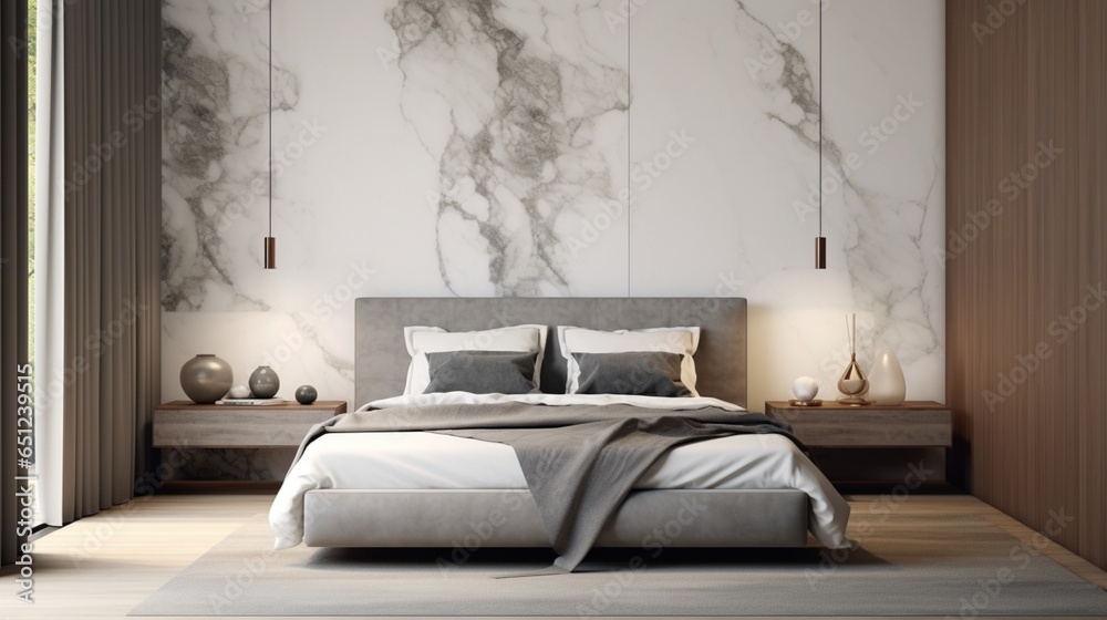 Obraz premium A sleek modern bed is accented by a mockup poster blank frame on polished marble walls.