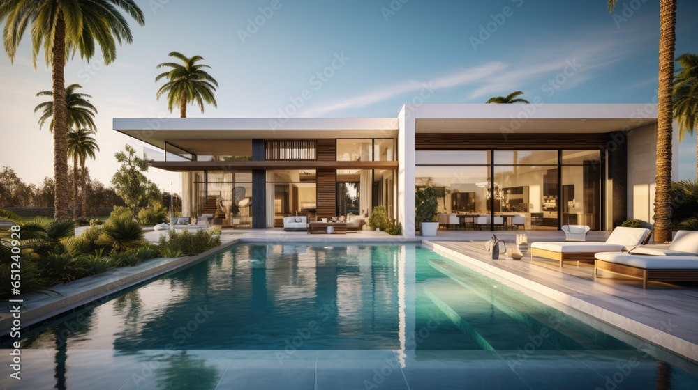 Big modern contemporary spacious residence house in California with big pool at golden hour for real estate purposes or nice hotel rest during holiday or vacation traveling