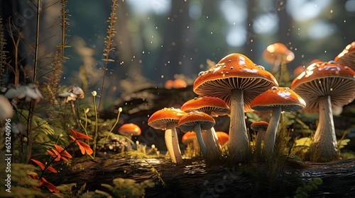 a group of orange mushrooms growing on a tree stump in a forest. generative ai