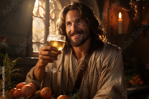 Jesus in a robe holding a glass of wine. Jesus in Cana wedding