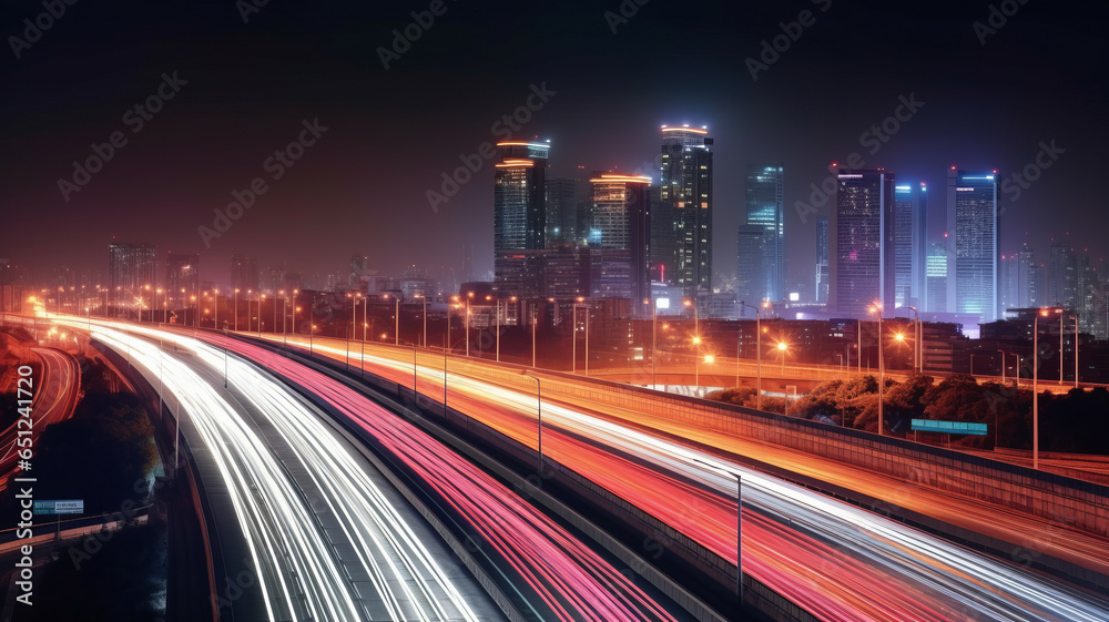 Abstract business background with buildings and long exposure photo of a highway at night.generative ai