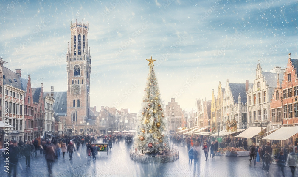 Naklejka premium Motion Blur Illustration of Christmas Decorations in Middle of Winter City. generative ai
