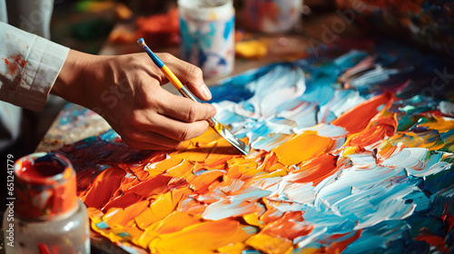 Close-up of an artist making brush strokes on a canvas of abstract art for a beautiful painting