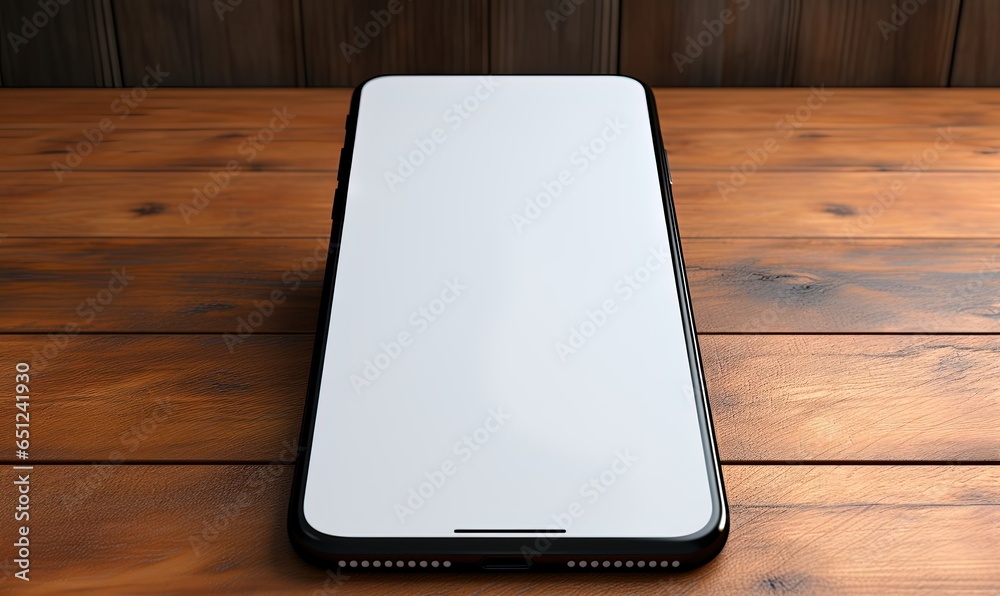 Isolated touchscreen smartphone mockup with blank screen on a wooden table