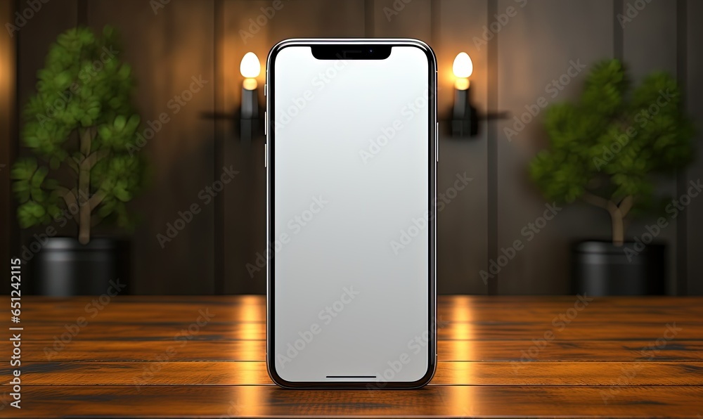 Isolated touchscreen smartphone mockup with blank screen on a wooden table