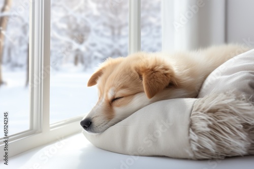 A dog sleeping on a pillow in front of a window. AI image.