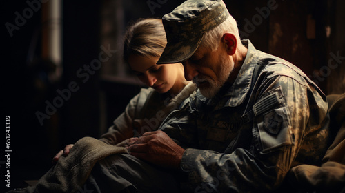 A poignant scene unfolds, as a veteran is embraced by a caring hand, symbolizing the support of Veterans Healthcare. Soft, muted tones evoke a sense of compassion and trust