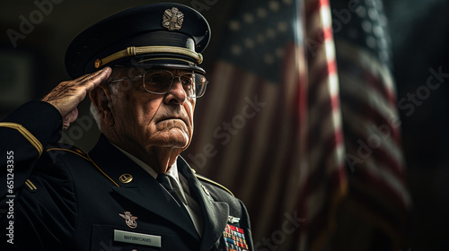In a dignified stance, a veteran dons their uniform, rendering a sharp salute in honor of Veterans Day. The backdrop is a blend of muted greens and grays photo