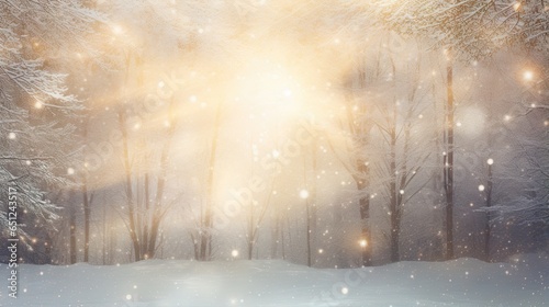  a snow covered forest with a bright light coming out of the trees.  generative ai © Anna