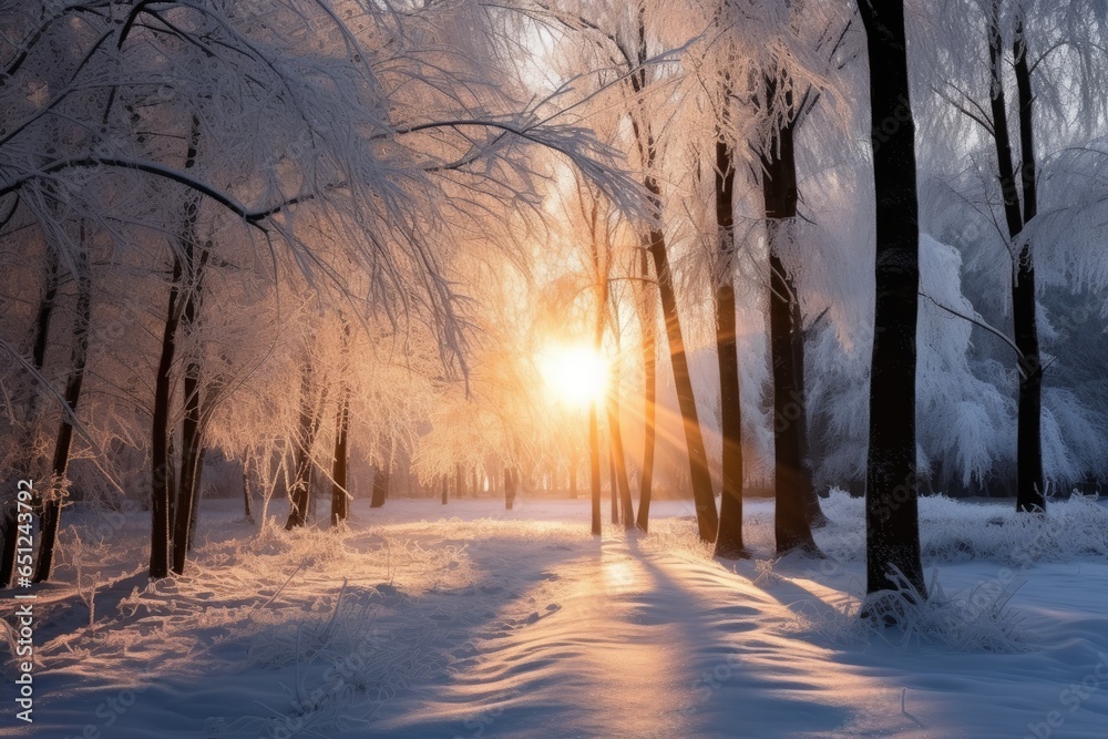 Winter forest with frost and snow, sun rays penetrate through the trees Winter forest with frost and snow, sun rays penetrate through the trees