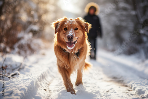 Happy family walking their pet golden retriever in the winter forest outdoors.generative ai