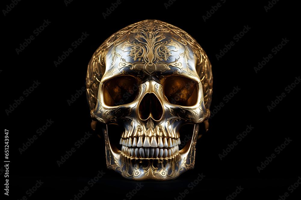 Obraz premium Tag der Toten Schädel Design mit Schnitzereien Gravur Designs menschlicher Totenkopf Schwarz Gold Bronze