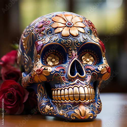 detailed Flowered Day of the Dead Skull in Realistic Style