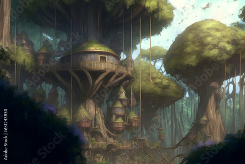 crisp fantasy detail realistic rendering village high in forest treetops jungle canope living construction incredibly detailed sharpen details professional lighting cinematic awe inspiring  © Kurt