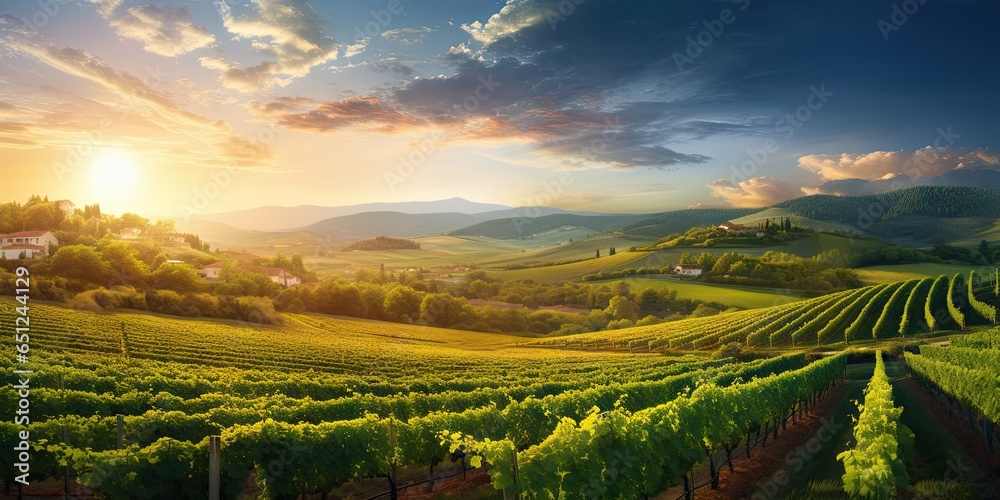 Naklejka premium Beauty unveiled in countryside. Nature palette. Vineyard rows aglow in warmth of sunset. Italian dreams. Grapes ripening under setting sun