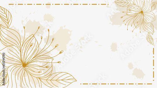 Gold frame. Plants line gold. Luxurious golden nature. White background. Flowers in a thin line. Light pastel colors.