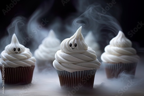 White meringue, icing or marshmallow shaped like ghost. Cute sweet spirits sitting on cupcake, muffins. Treat for Halloween celebration, in smoke or fog to surprise with a friendly booh! photo