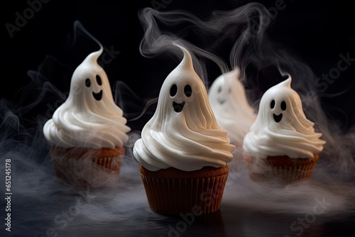White meringue, icing or marshmallow shaped like ghost. Cute sweet spirits sitting on cupcake, muffins. Treat for Halloween celebration, in smoke or fog to surprise with a friendly booh! photo