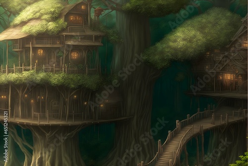 crisp fantasy detail realistic rendering village high in forest treetops jungle canope wooden walkways living construction incredibly detailed 35 mm lens sharpen details professional lighting  photo