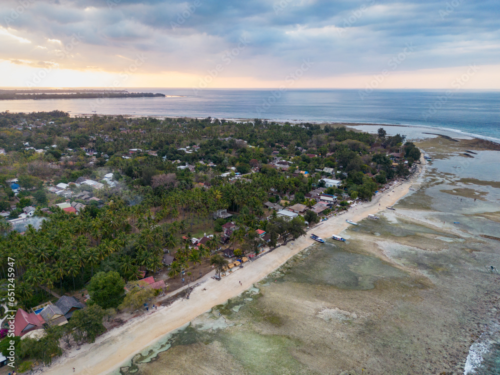 beautiful tropical ocean view of Gili Island, Gili Air, aerial landscape by drone in Lombok, Bali, Indonesia 