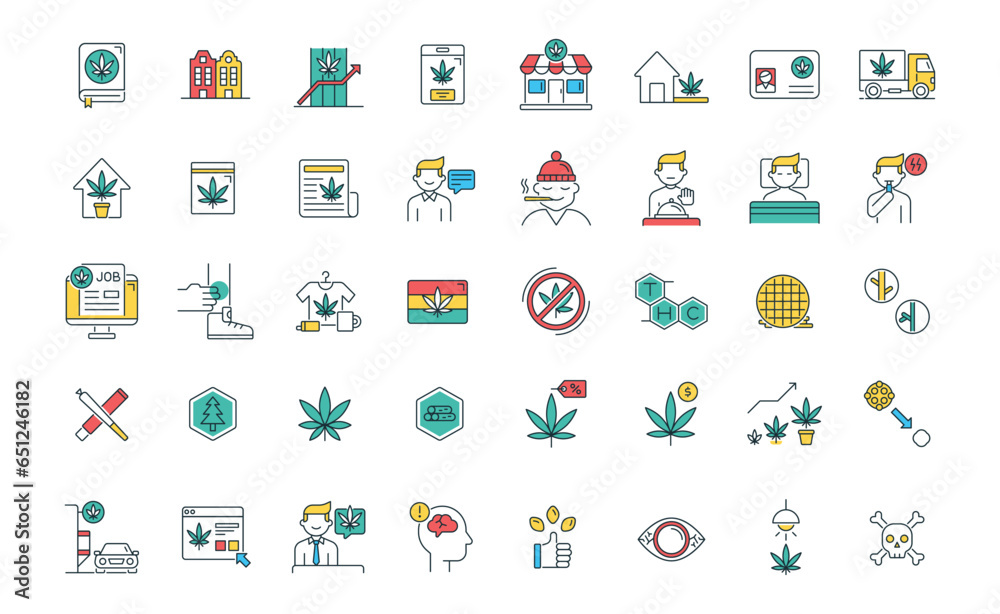 Marijuana and cannabis icons Set of Marijuana leaf. Drug consumption. Marijuana Legalization. Isolated vector illustration. Marijuana and cannabis icons Set of Marijuana leaf. Drug consumption. Marijuana Legalization. Isolated vector illustration.