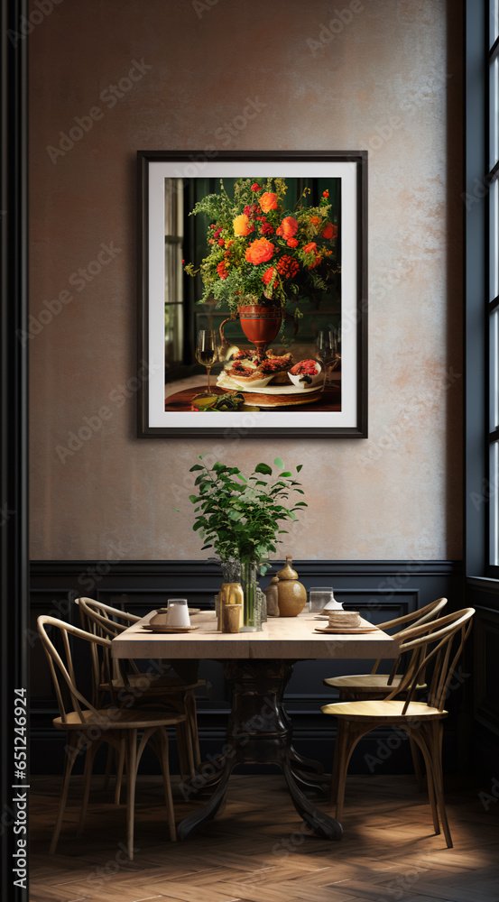 mockup in a georgian home kitchen with lots of extremely expensive furniture and expensive home furnishings and flowers and high end plants