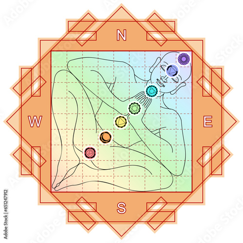 Vastu purusha mandala. Vastu Shastra building art of adjusting the house, household appliances and rooms by the divine laws. Science of architecture. Ancient vedic conception.
