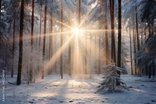 Winter forest with frost and snow, sun rays penetrate through the trees