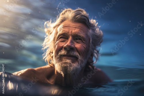 smiling middle aged man swimming. © koplesya