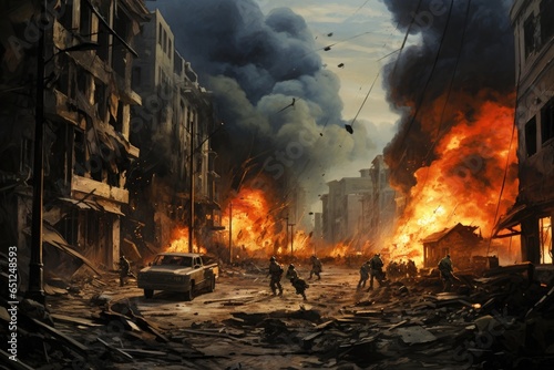 big explosion in the city. Military action  war.